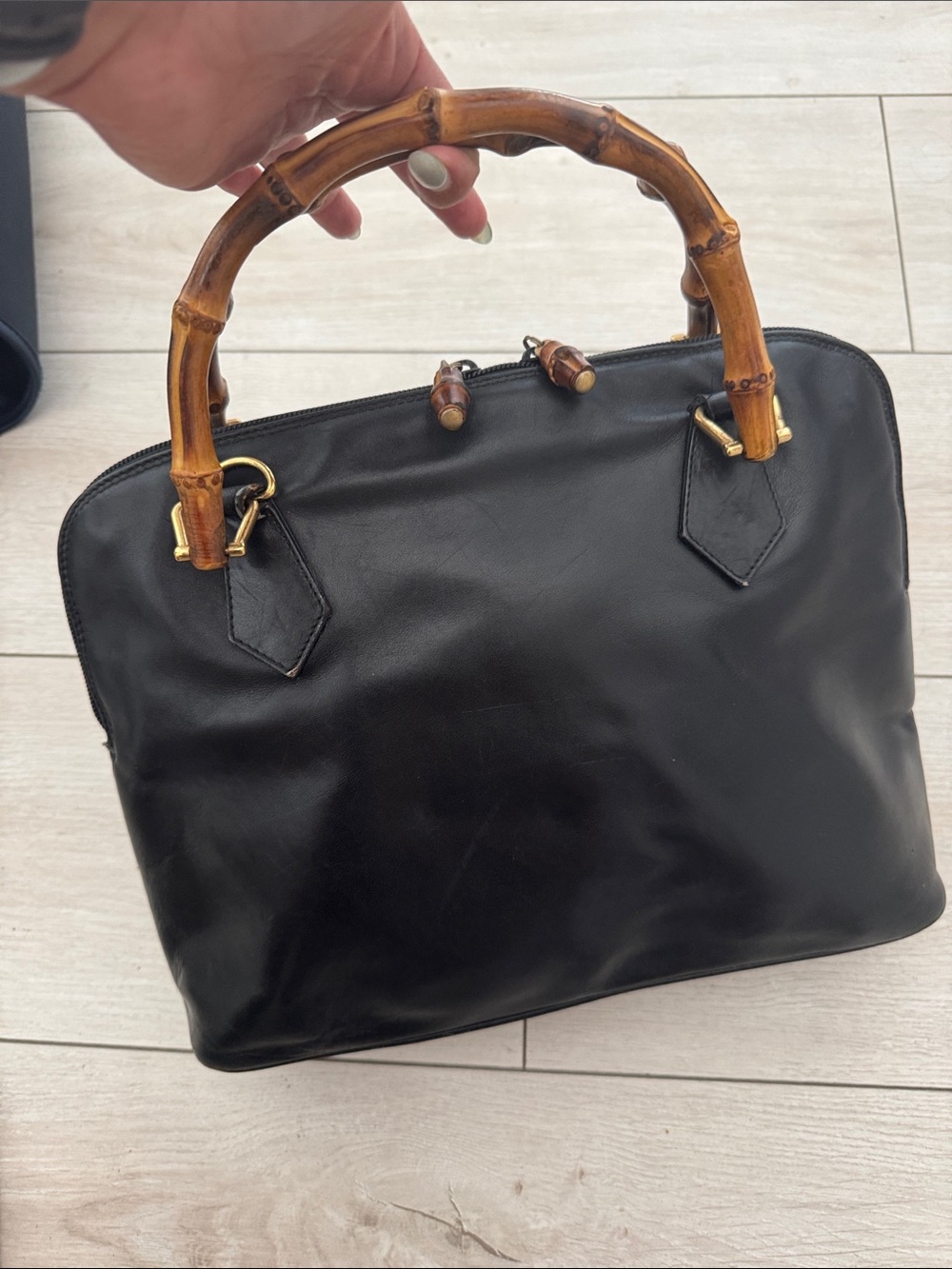 Project Gucci Vintage Black Leather Tote with Bamboo Handles